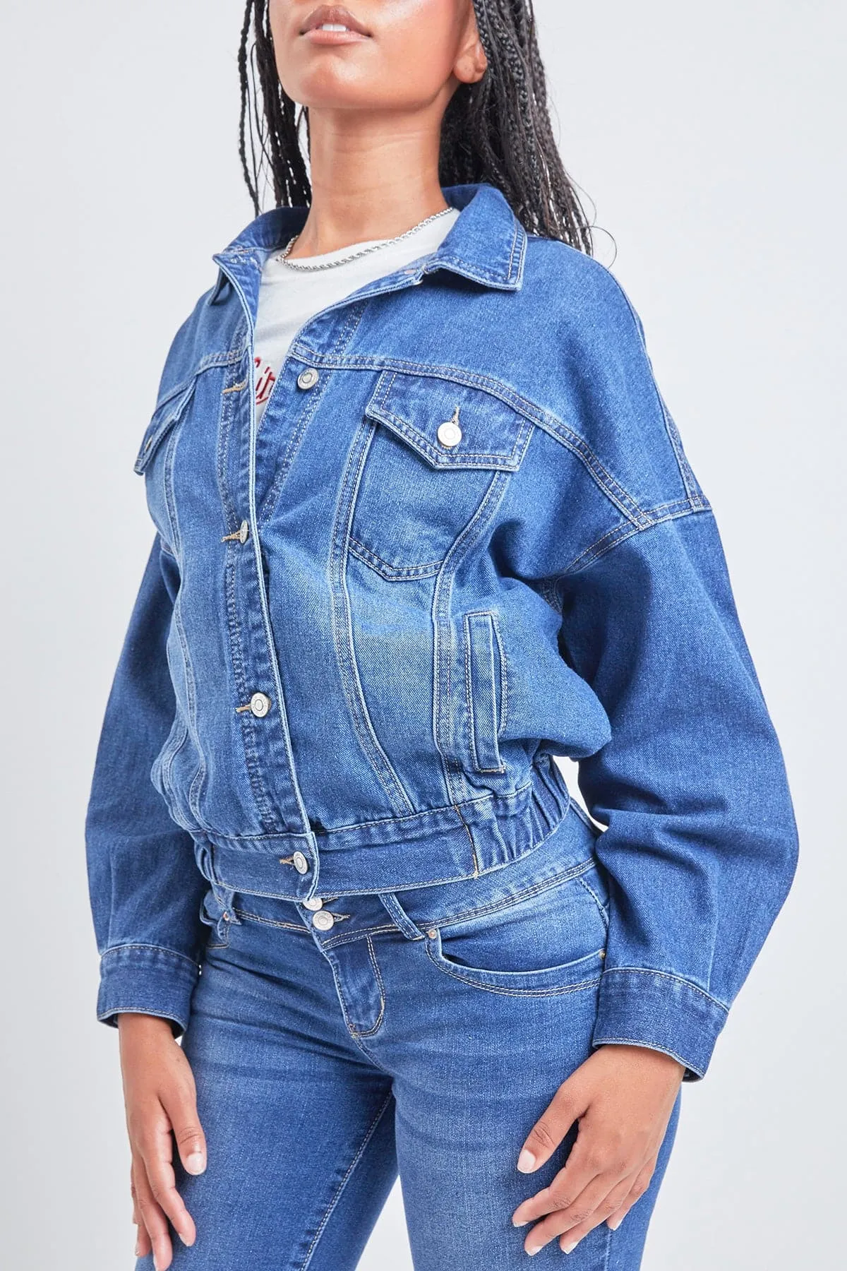 Women's 80's Style Denim Jacket With Elastic Hem sold by YMI product image thumbnail 2