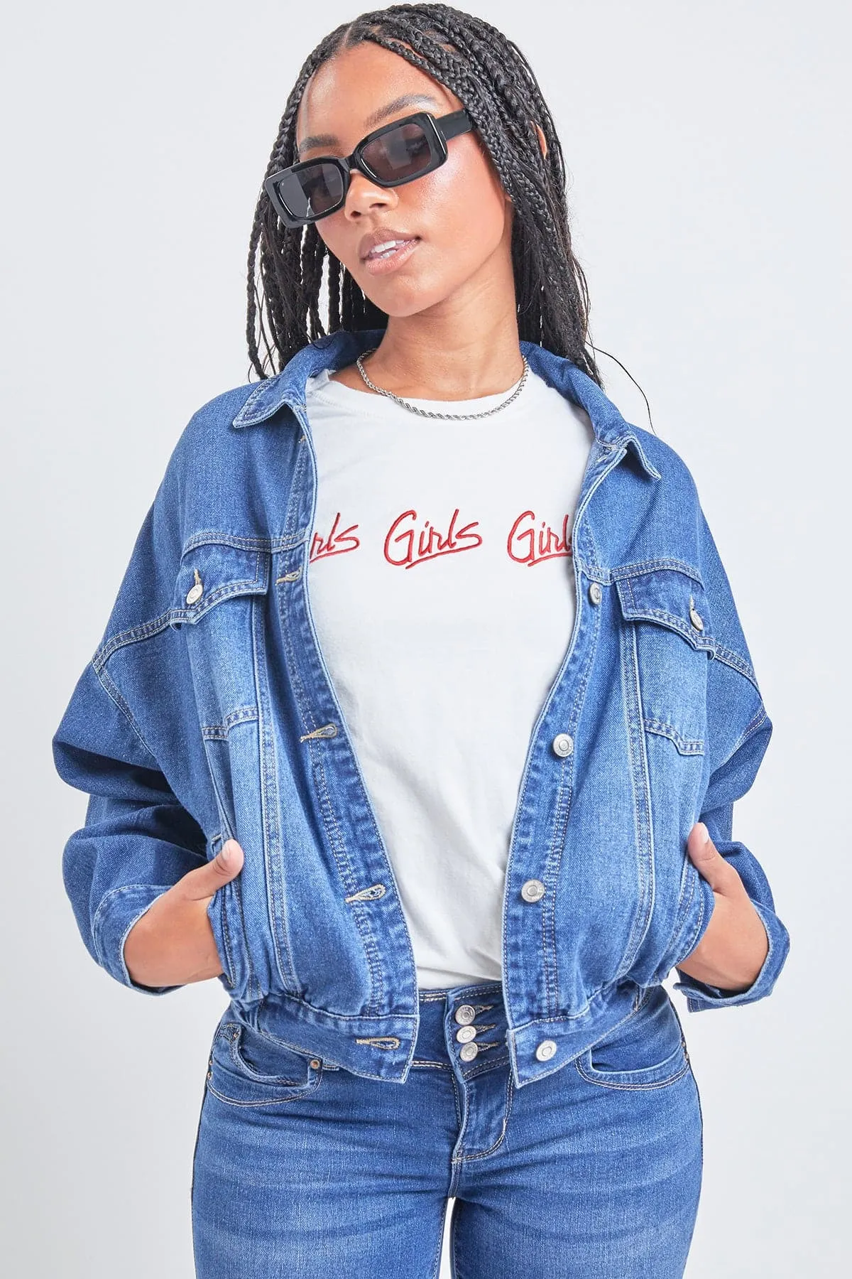 Women's 80's Style Denim Jacket With Elastic Hem sold by YMI product image thumbnail 4