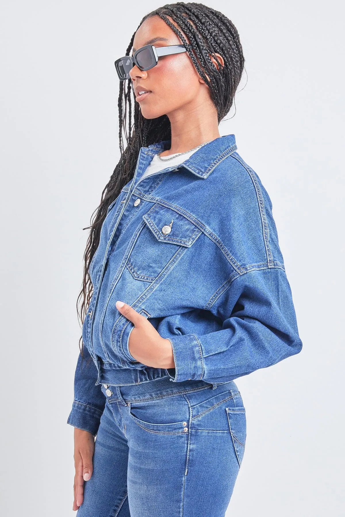 Women's 80's Style Denim Jacket With Elastic Hem sold by YMI product image thumbnail 3