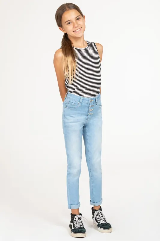 Girls High-Waisted Button-Fly Denim Ankle Jeans with Rolled Cuffs sold by YMI