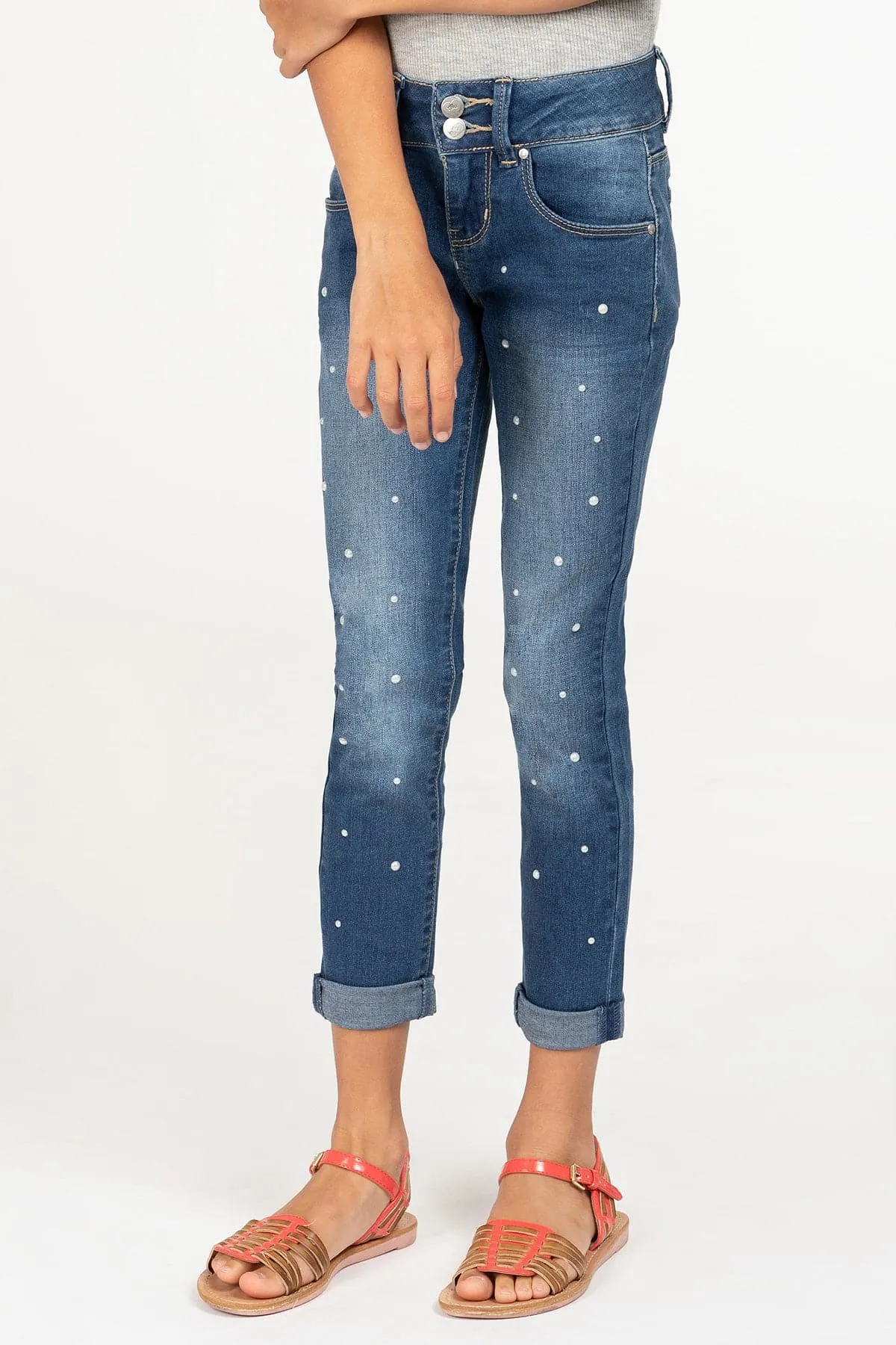 Girls 2-Button Pearl Stud Denim Skinny Jeans with Rolled Cuffs sold by YMI product image thumbnail 2