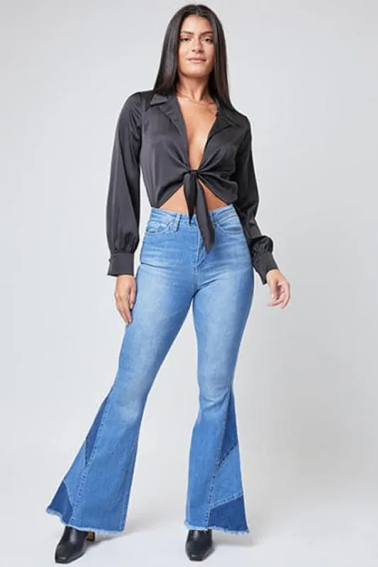Women's Sustainable Block Panel Flare Jeans sold by YMI