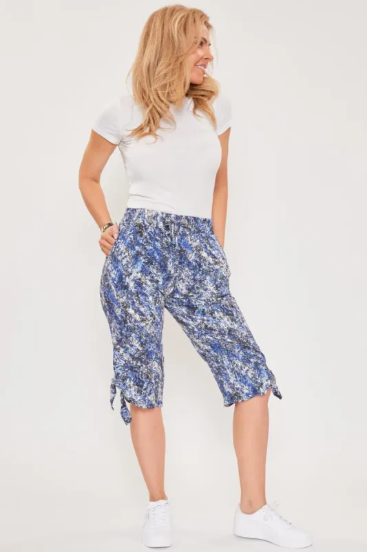Women's Petite Linen Elastic Waist Capri Side Keyhole With Tie Hem sold by YMI
