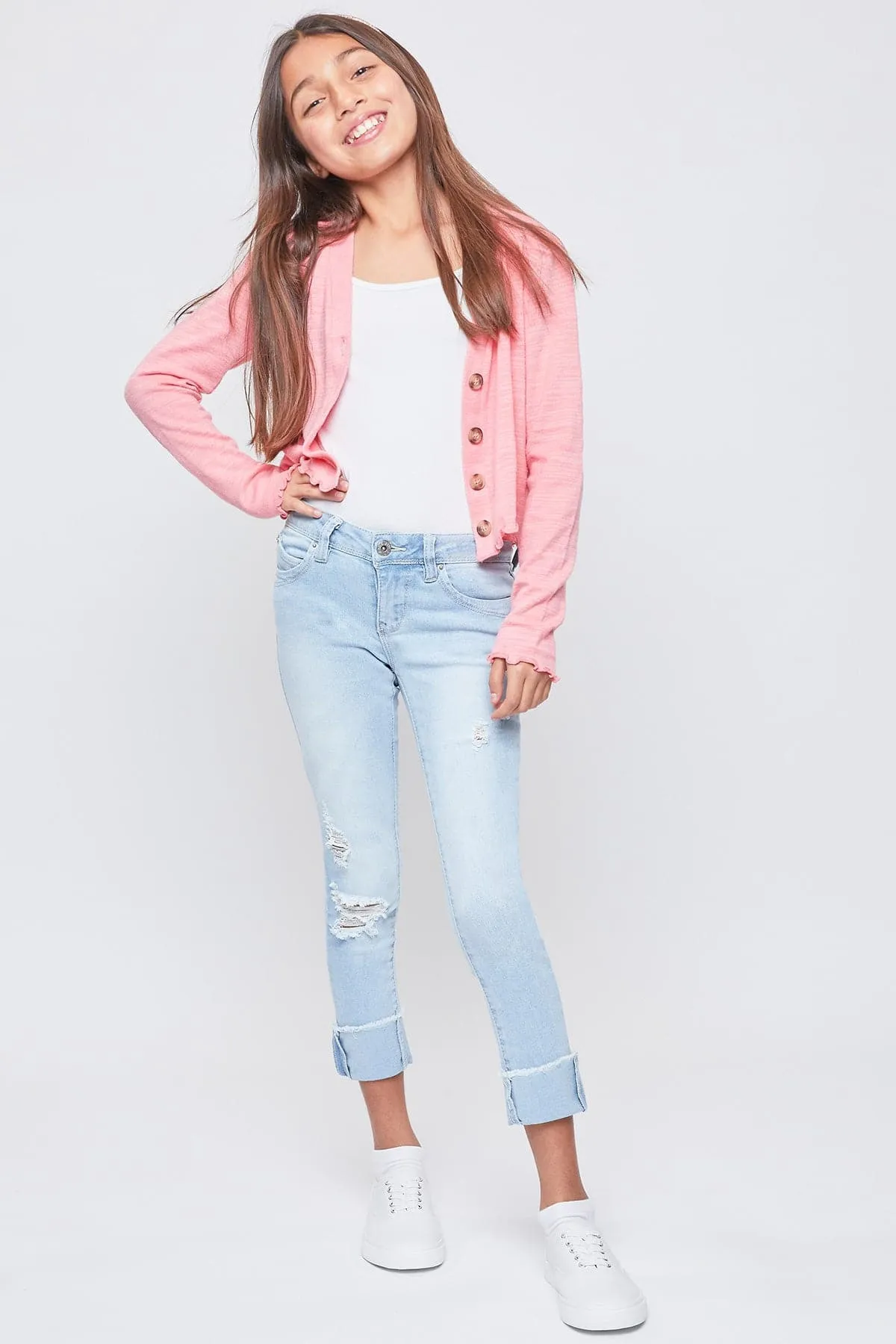 Girls WannaBettaFit Mid-Rise Mega Cuff Skinny Jeans sold by YMI product image thumbnail 3