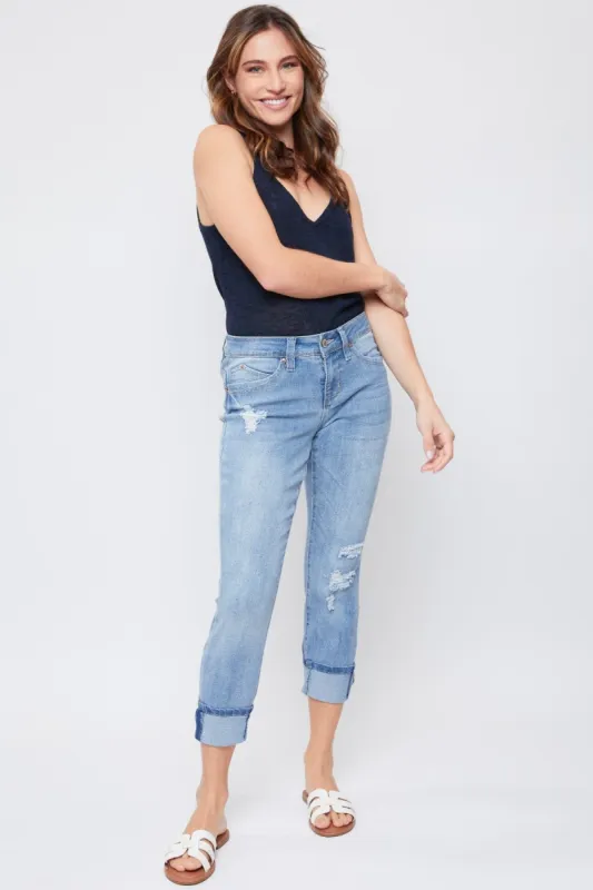 Women's Petite WannaBettaButt Mid Rise Mega Cuff Jeans sold by YMI