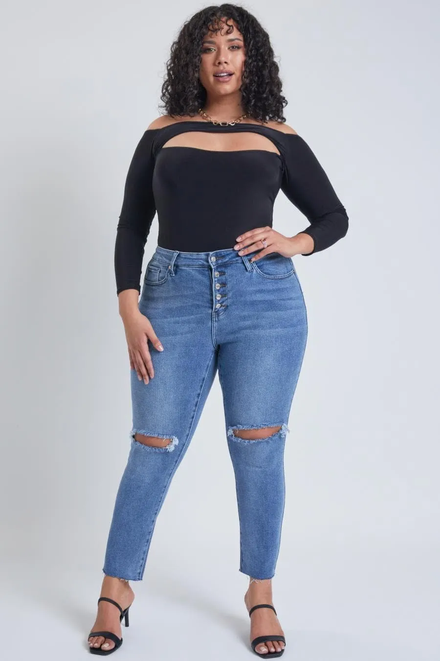 Plus Size Women's Dream Button Fly Ankle Jeans-Sale sold by YMI