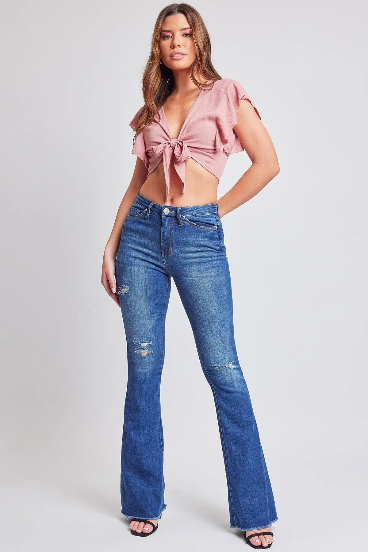 Women's High Rise Flare Jeans With Frayed Hem sold by YMI
