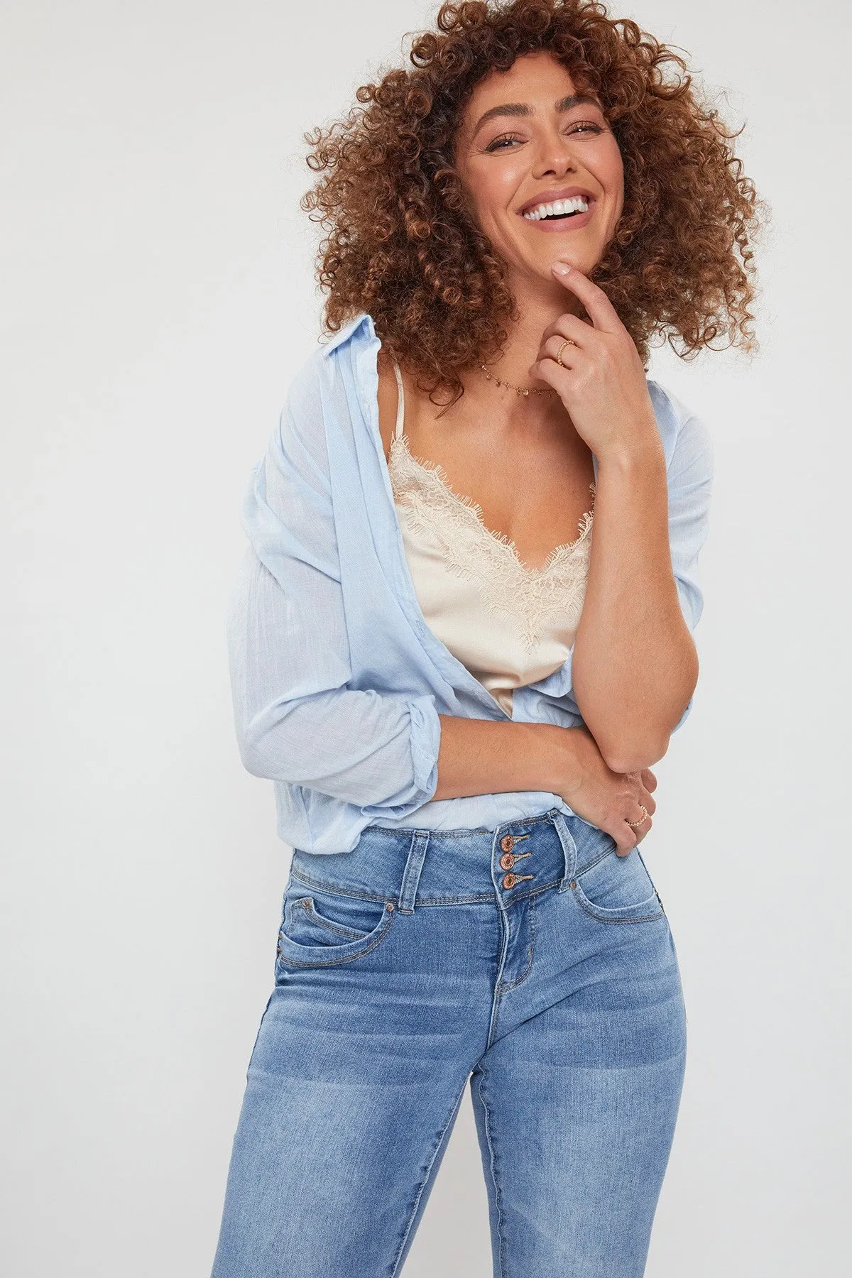 Women's Petite WannaBettaButt 3 Button Skinny Ankle Sustainable Jean sold by YMI product image thumbnail 5