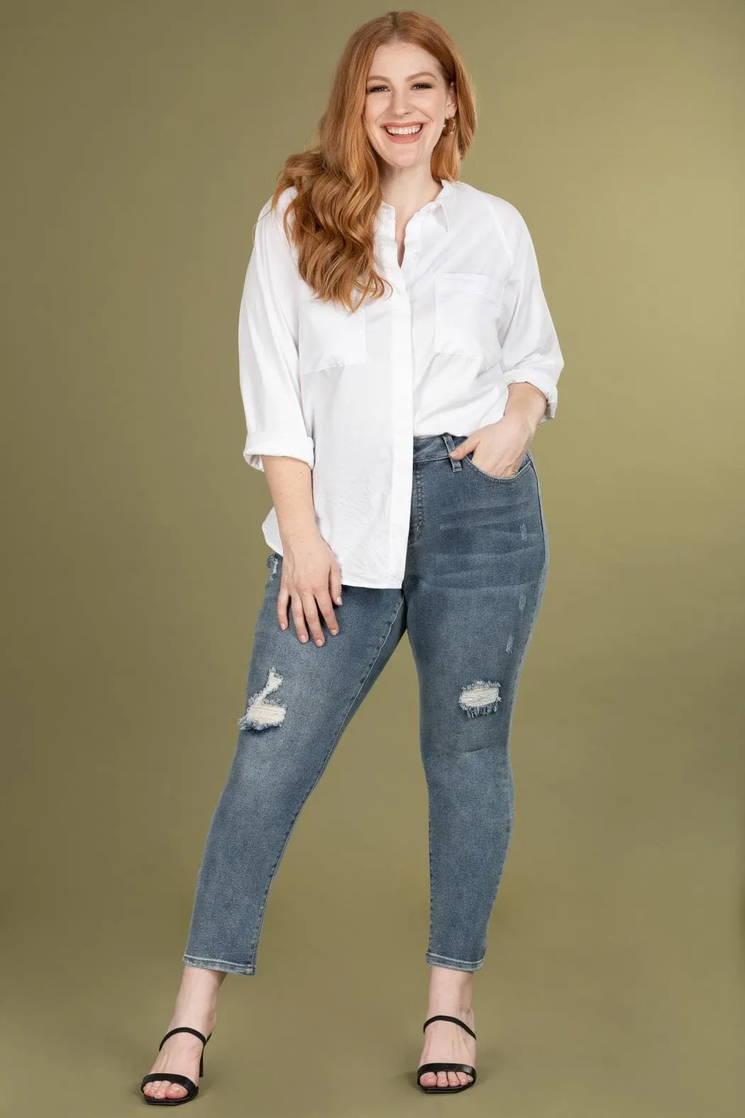 Women's Plus Size Vintage Dream High Rise Ankle Jean With Slight Distressing sold by YMI