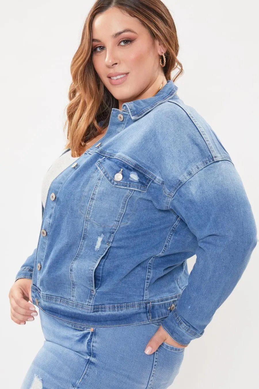 Women's Plus Size Drop Shoulder Boyfriend Denim Jacket sold by YMI product image thumbnail 4
