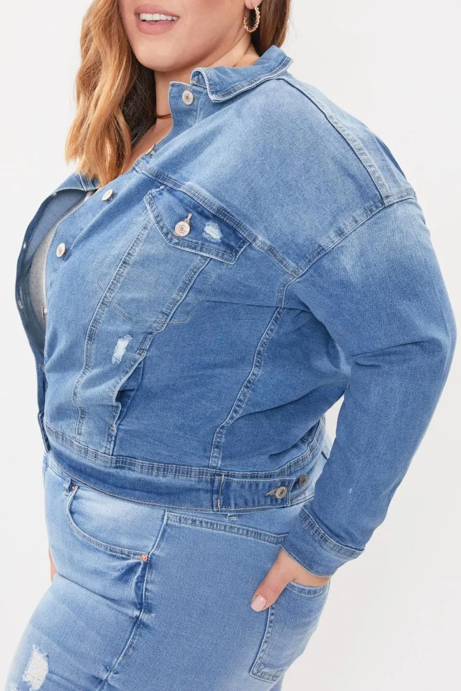 Women's Plus Size Drop Shoulder Boyfriend Denim Jacket sold by YMI product image thumbnail 2