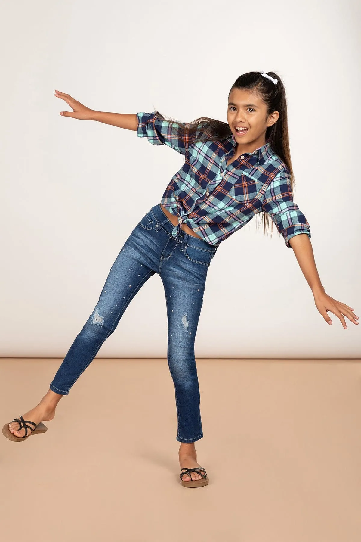 Girls Love Denim Skinny Jeans With Studs sold by YMI