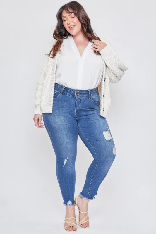 Women's Plus Size Essential Seamed Waistband Frayed Ankle Jeans sold by YMI