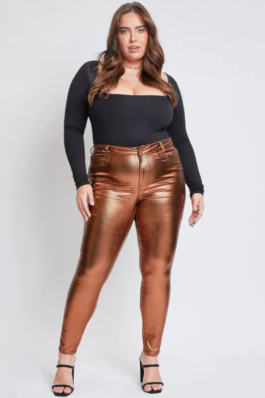 Women's Plus High-Rise Metallic Hyperstretch Skinny Jean, Copper sold by YMI