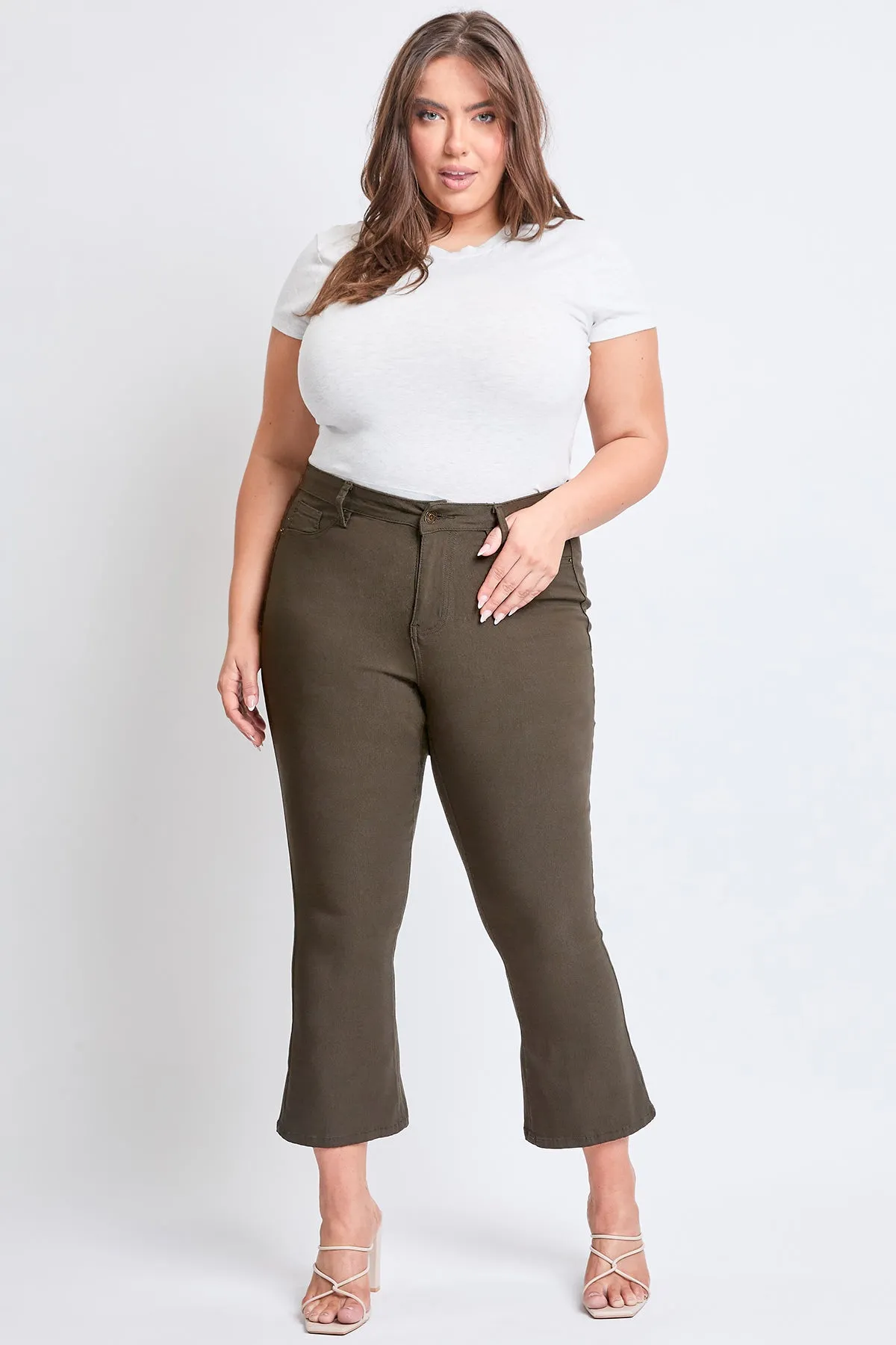 Women's Plus Hyperstretch Cropped Kick Flare Pants, Dark Olive sold by YMI