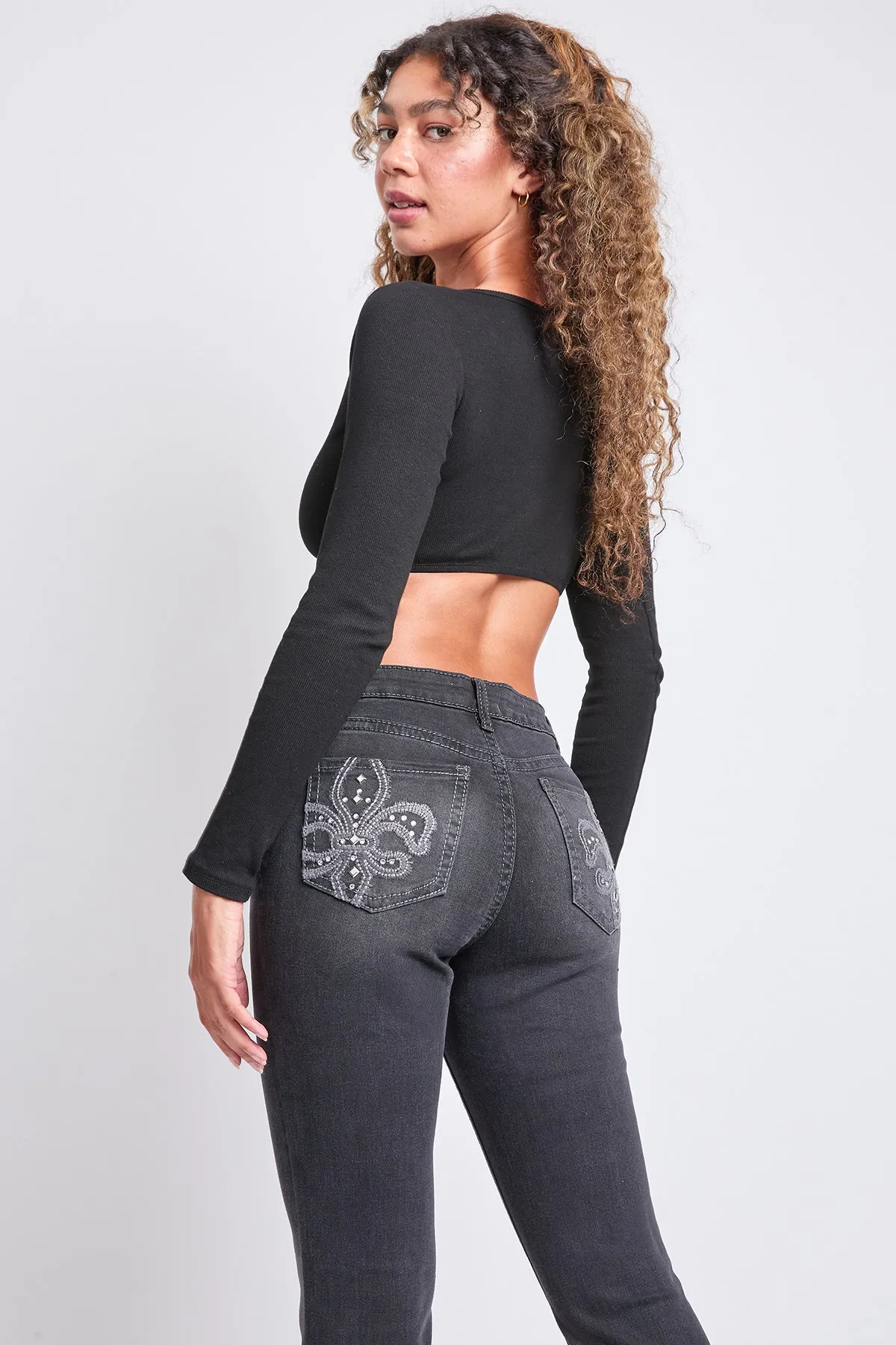 Women's Mid Rise Studded Fleur De Lis Bootcut Jeans sold by YMI product image thumbnail 4