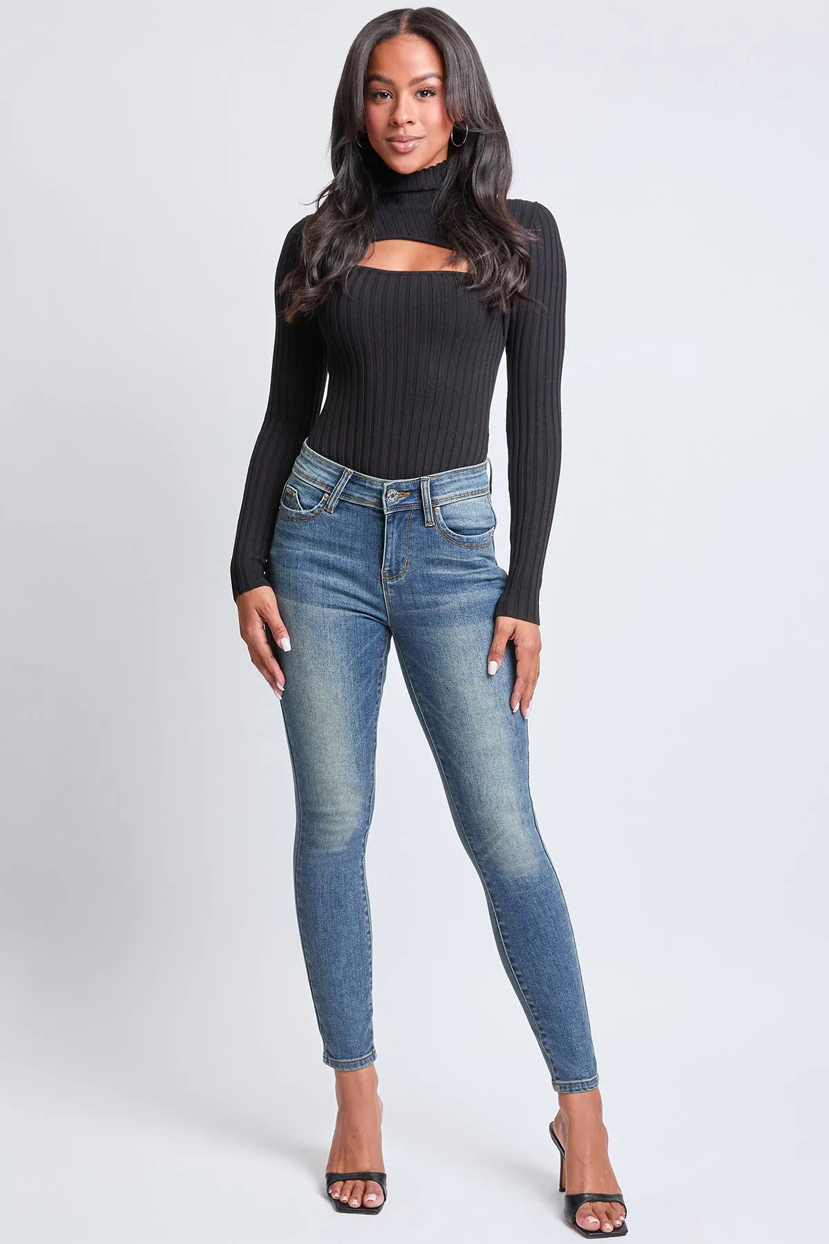 Women's WannaBettaButt Mid Rise Embroidered Skinny Jean sold by YMI