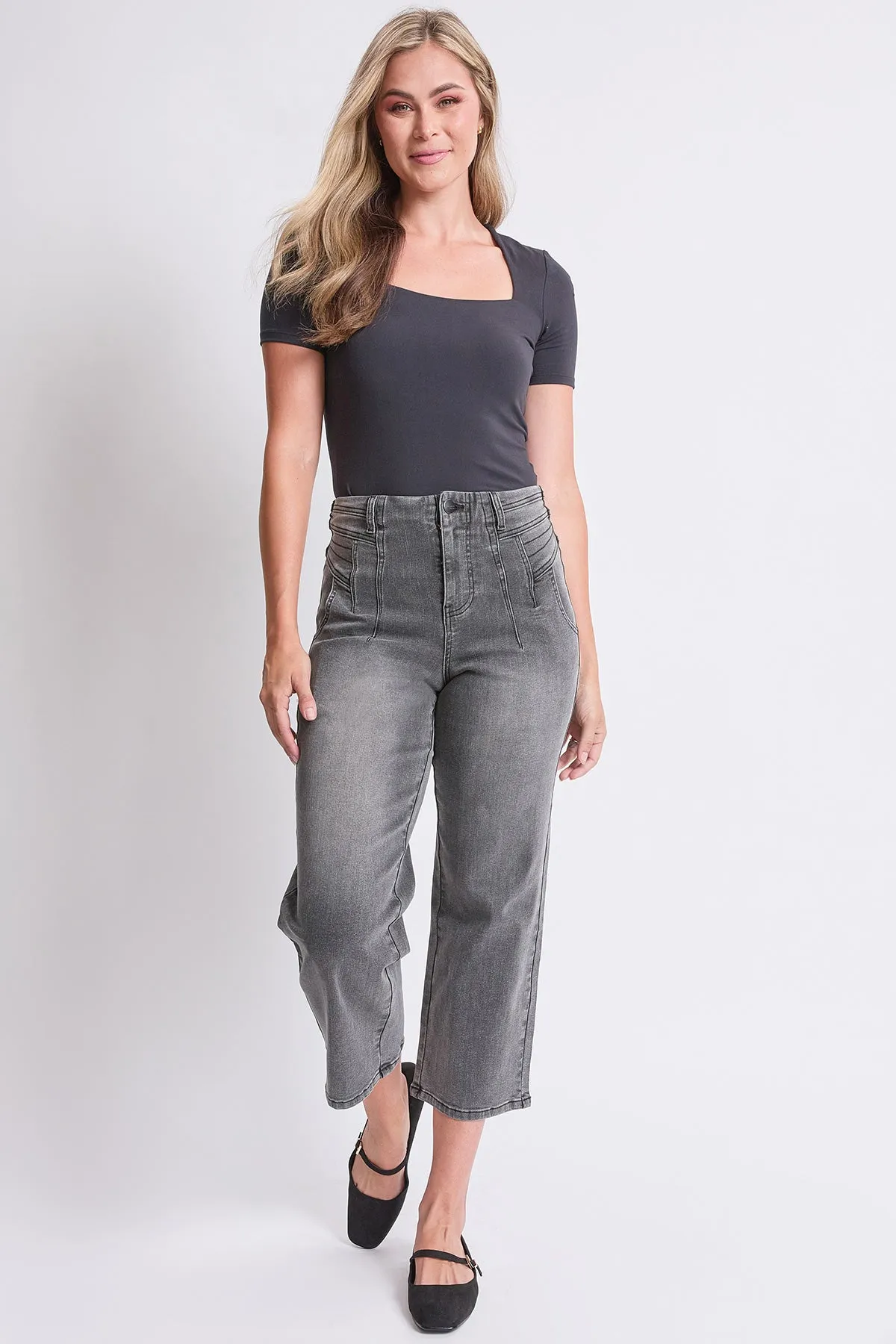 Women's High Rise Crop Detailed Wide Leg Jeans sold by YMI