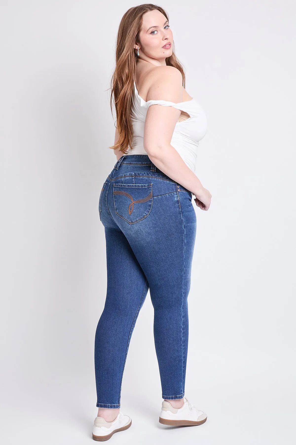 Women's Plus WannaBettaButt Mid Rise Embroidered Skinny Jean sold by YMI