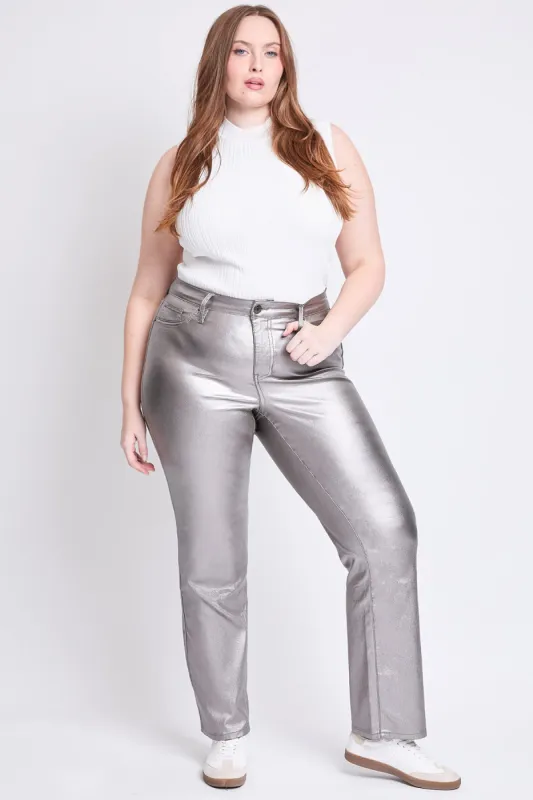 Women's Plus Hyperstretch High Rise Straight Leg Metallic Pant, Smoke sold by YMI