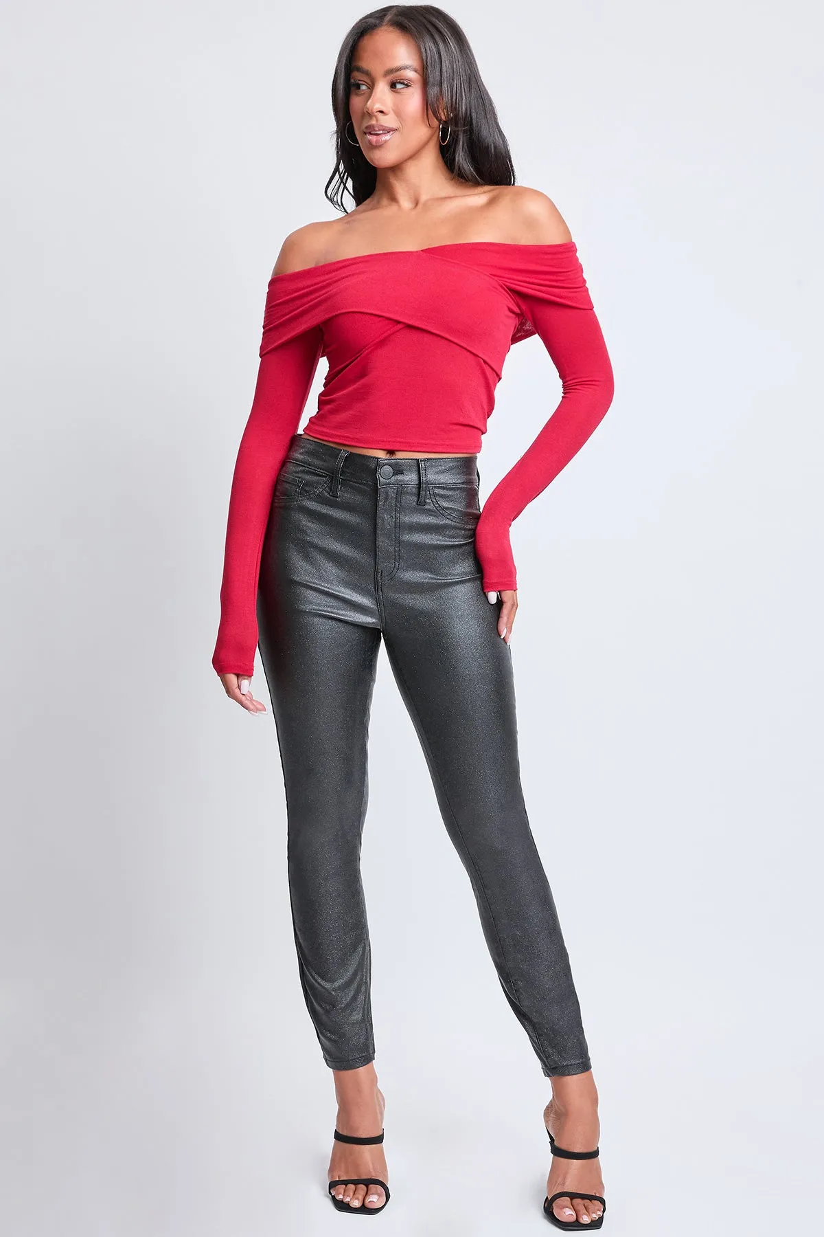 Women's Metallic Hyperstretch Skinny Pants, Black sold by YMI