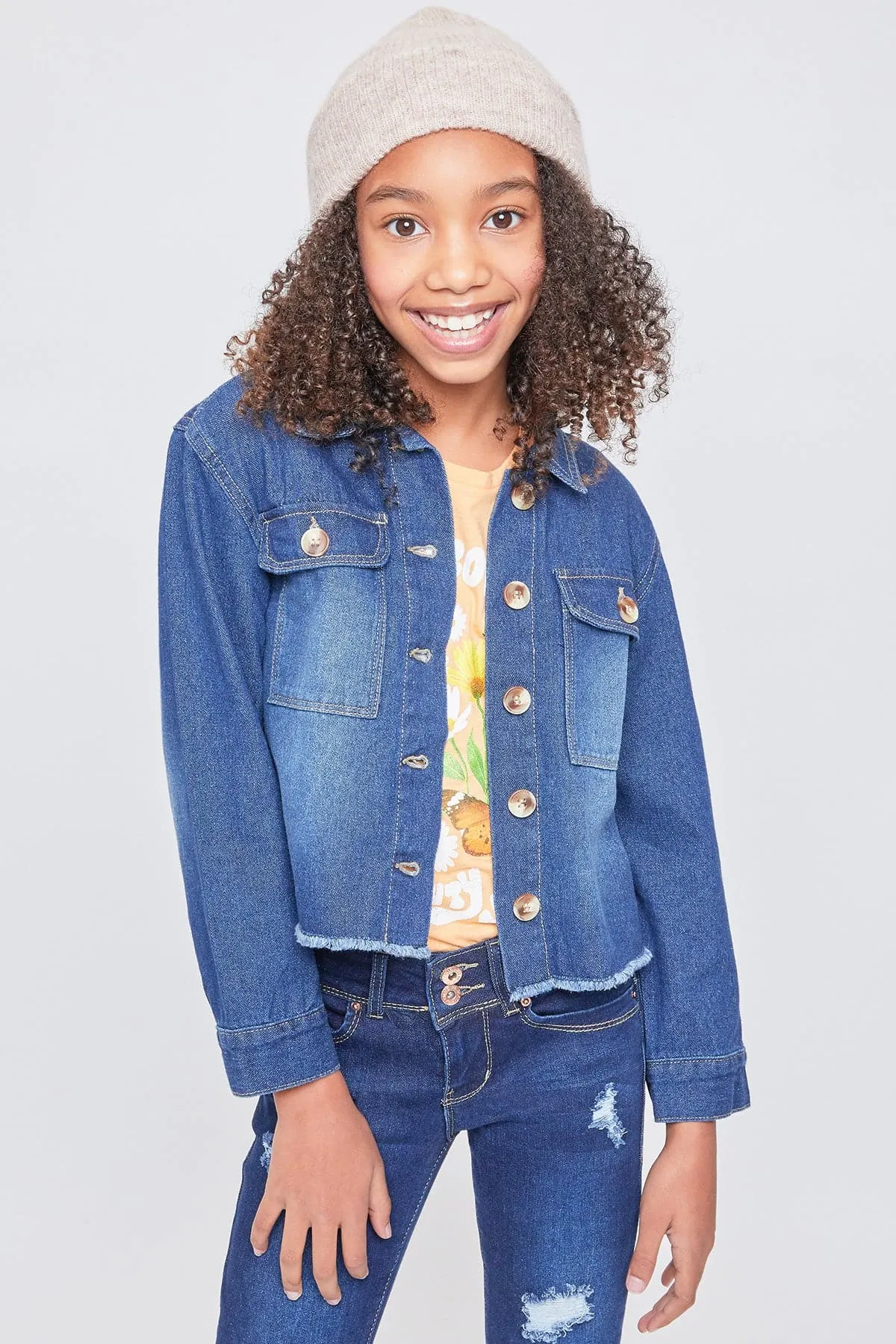 Girls Patch Pocket Oversized Denim Jacket With Fray Hem sold by YMI product image thumbnail 3