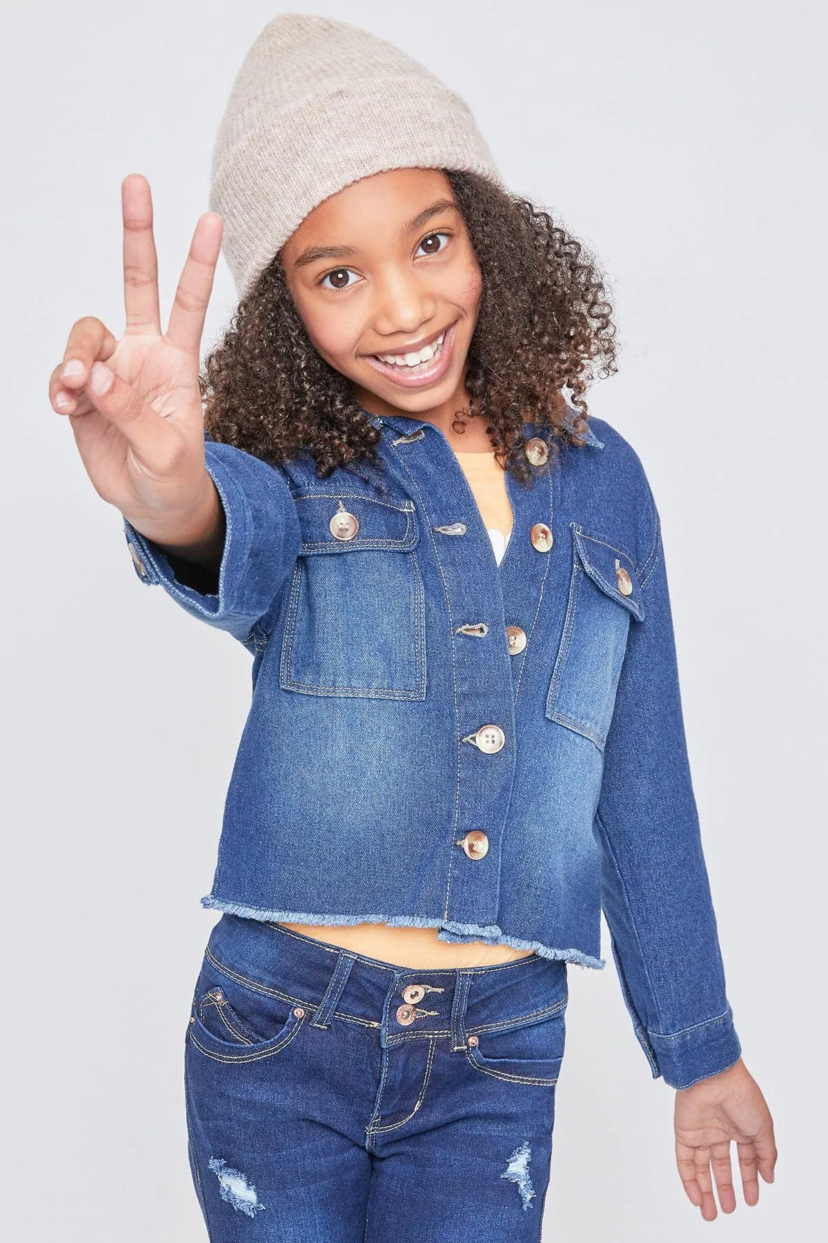 Girls Patch Pocket Oversized Denim Jacket With Fray Hem sold by YMI