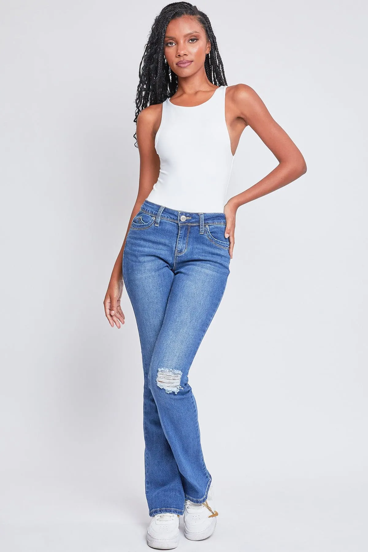 Women's WannaBettaButt Mid-Rise Bootcut Jeans sold by YMI