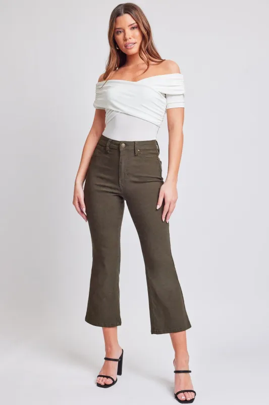 Women's Hyperstretch Cropped Kick Flare Leg Pants, Dark Olive sold by YMI