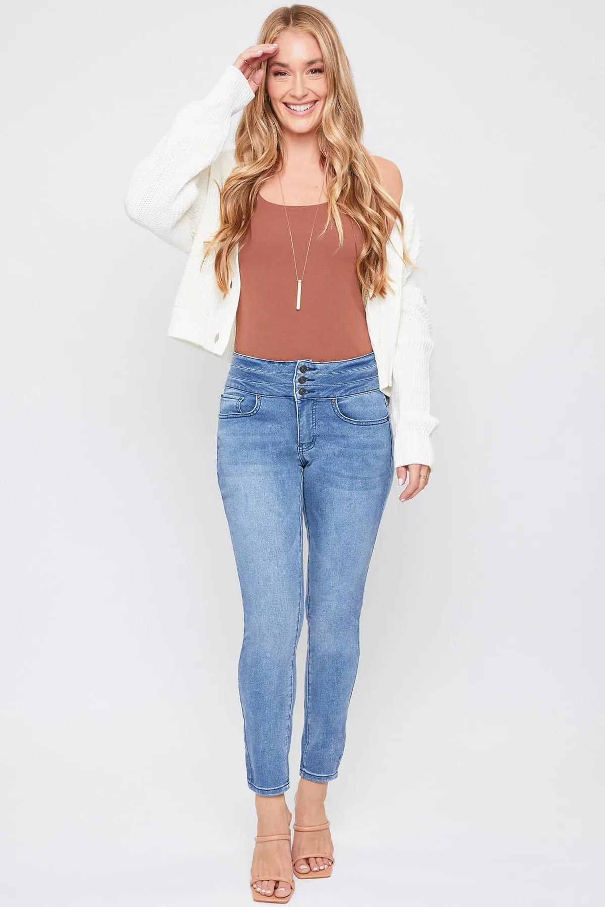 Women's Fashion First Mid Rise 3-Button Skinny Jeans sold by YMI