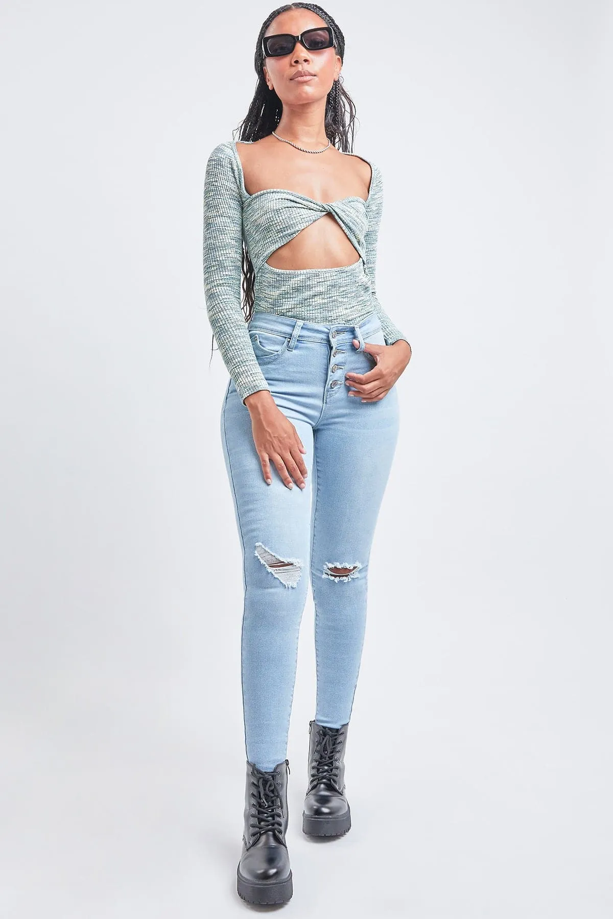 Women's Sustainable WannaBettaButt Button Fly Skinny Jeans sold by YMI