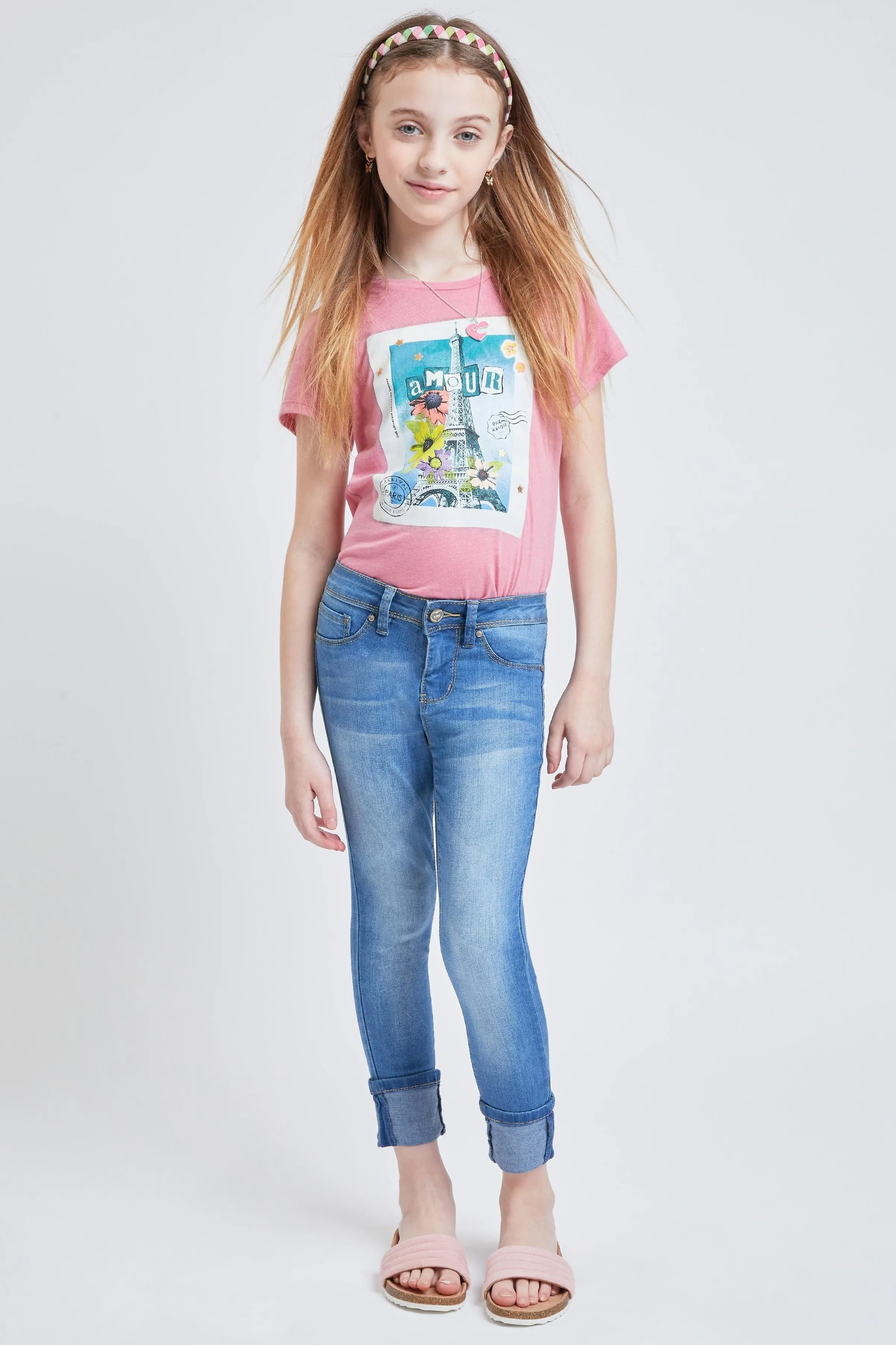 Girls Wide Cuff Denim Skinny Jeans sold by YMI
