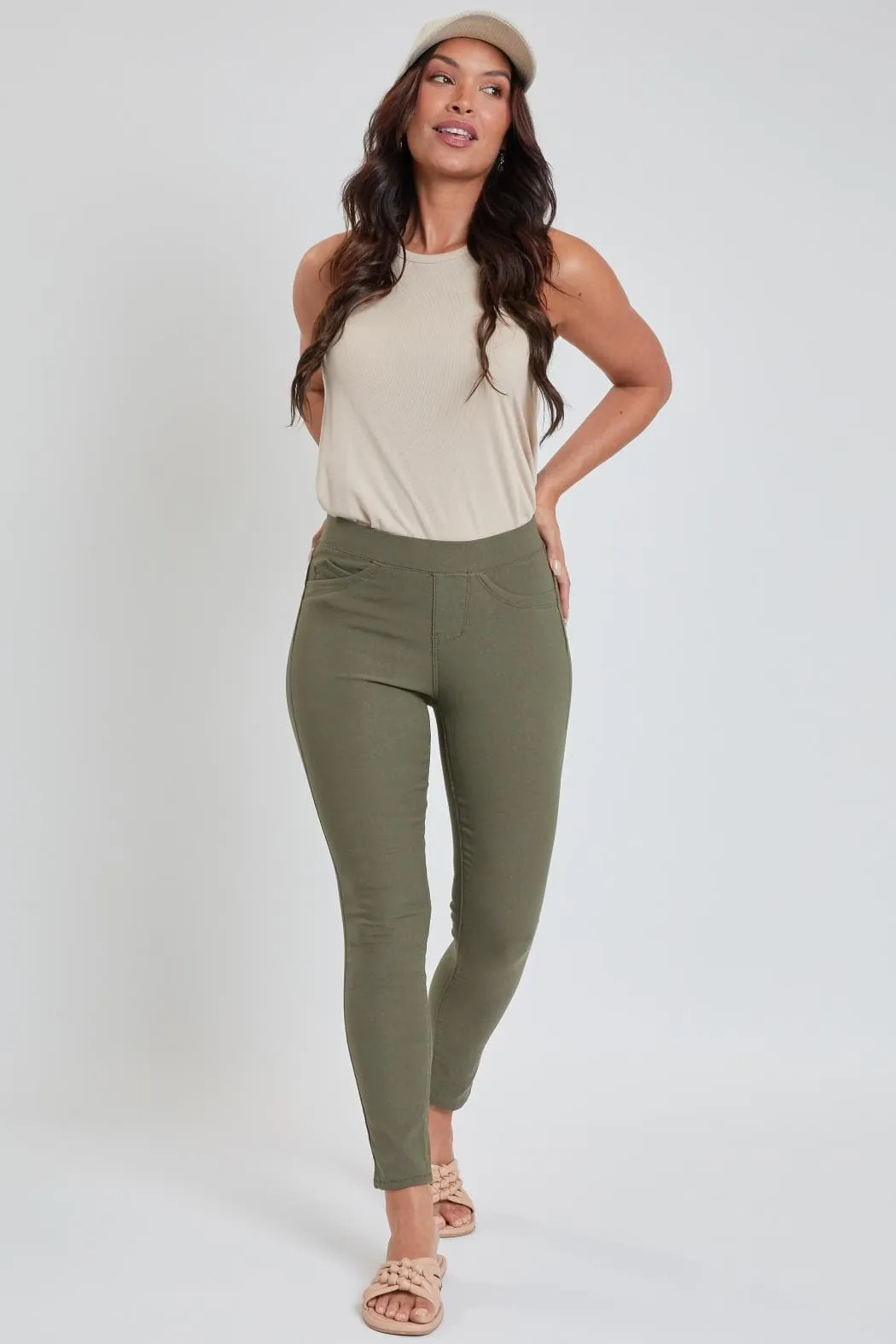 Women's Petite Hyperstretch Mid Rise Jegging, Olivine sold by YMI