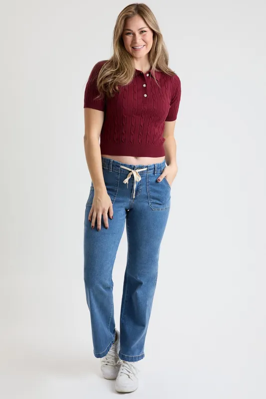 Women's Mid Rise Tie Front Wide Leg Jeans sold by YMI