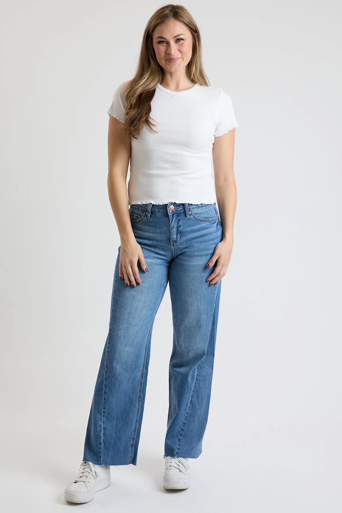 Women's High Rise Wide Leg Jeans with Angled Seam sold by YMI