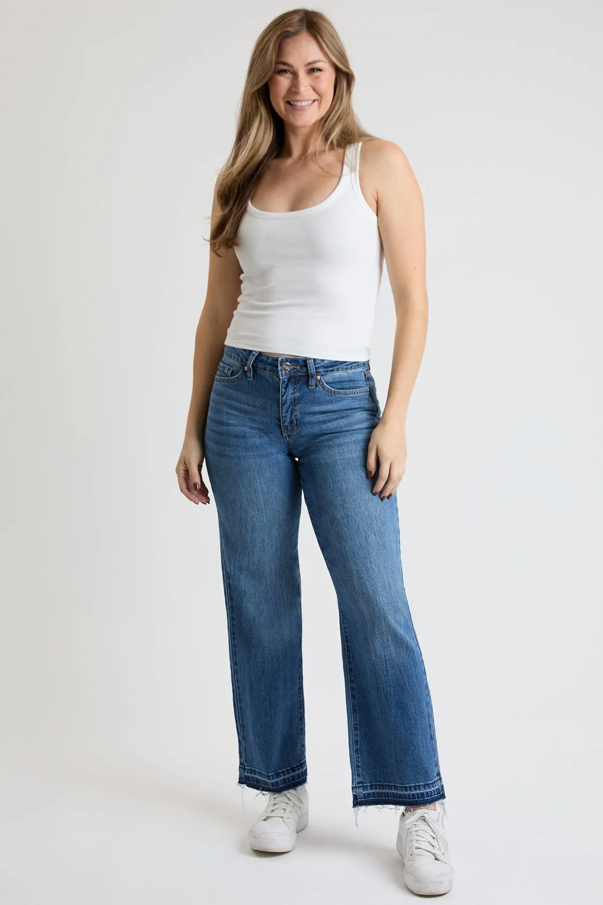Women's High Rise Wide Leg Jeans with Raw Hem sold by YMI