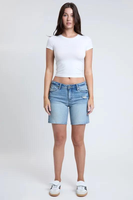Women's Luxe Mid Rise Long Short with Raw Hem sold by YMI