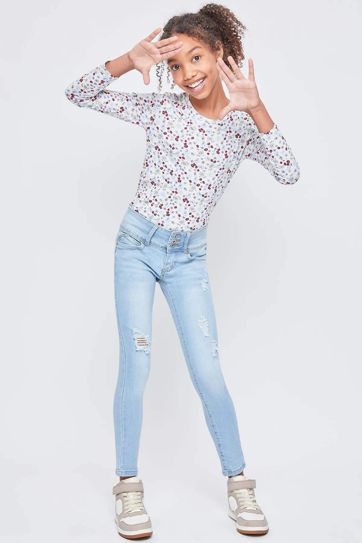 Girls Sustainable WannaBettaFit 3-Button Skinny Jeans sold by YMI