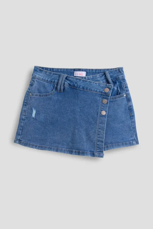 Girls Assymetrical Denim Skort sold by YMI