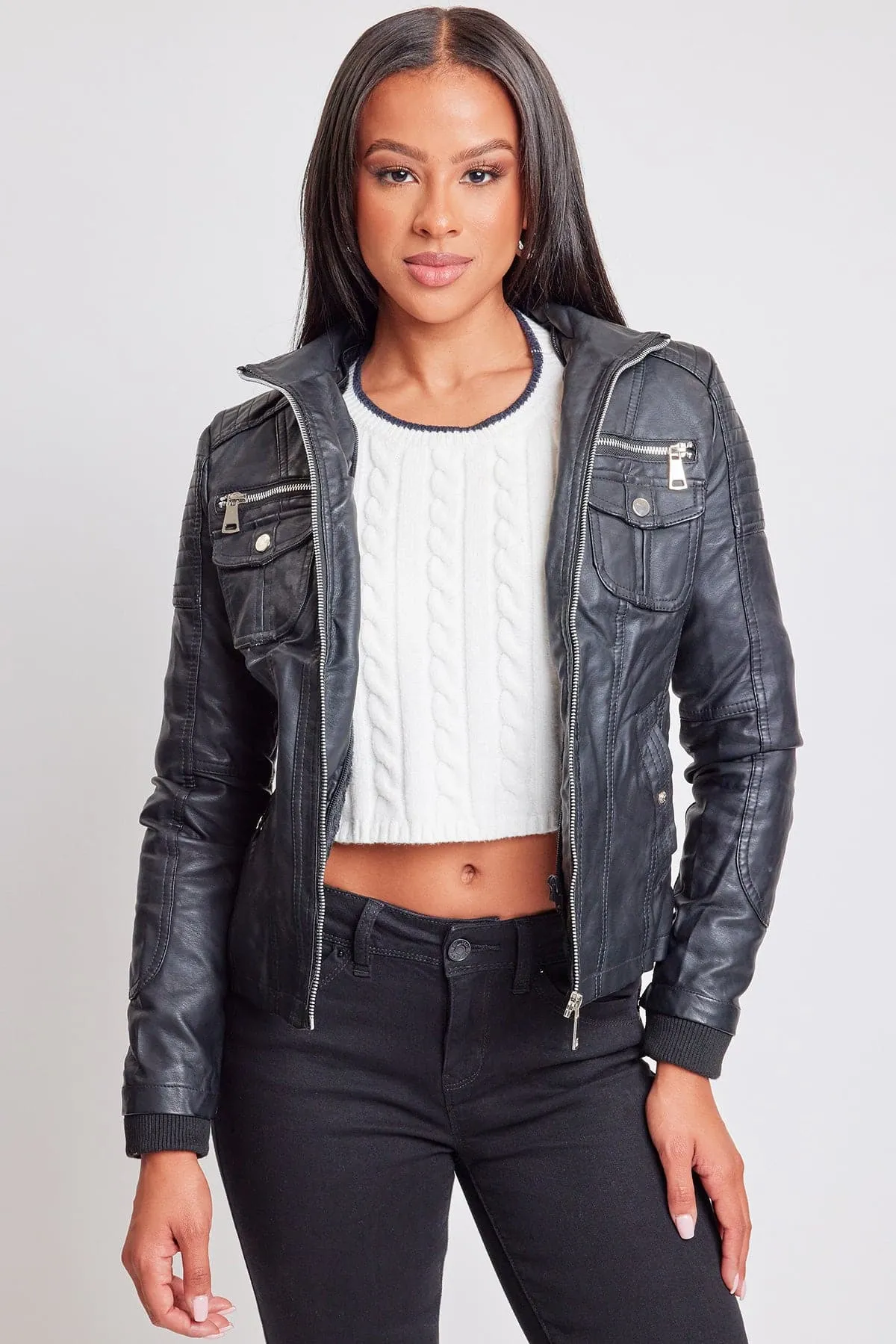 Women's Winter Faux Leather Jacket with Sherpa Fur Hoodie sold by YMI