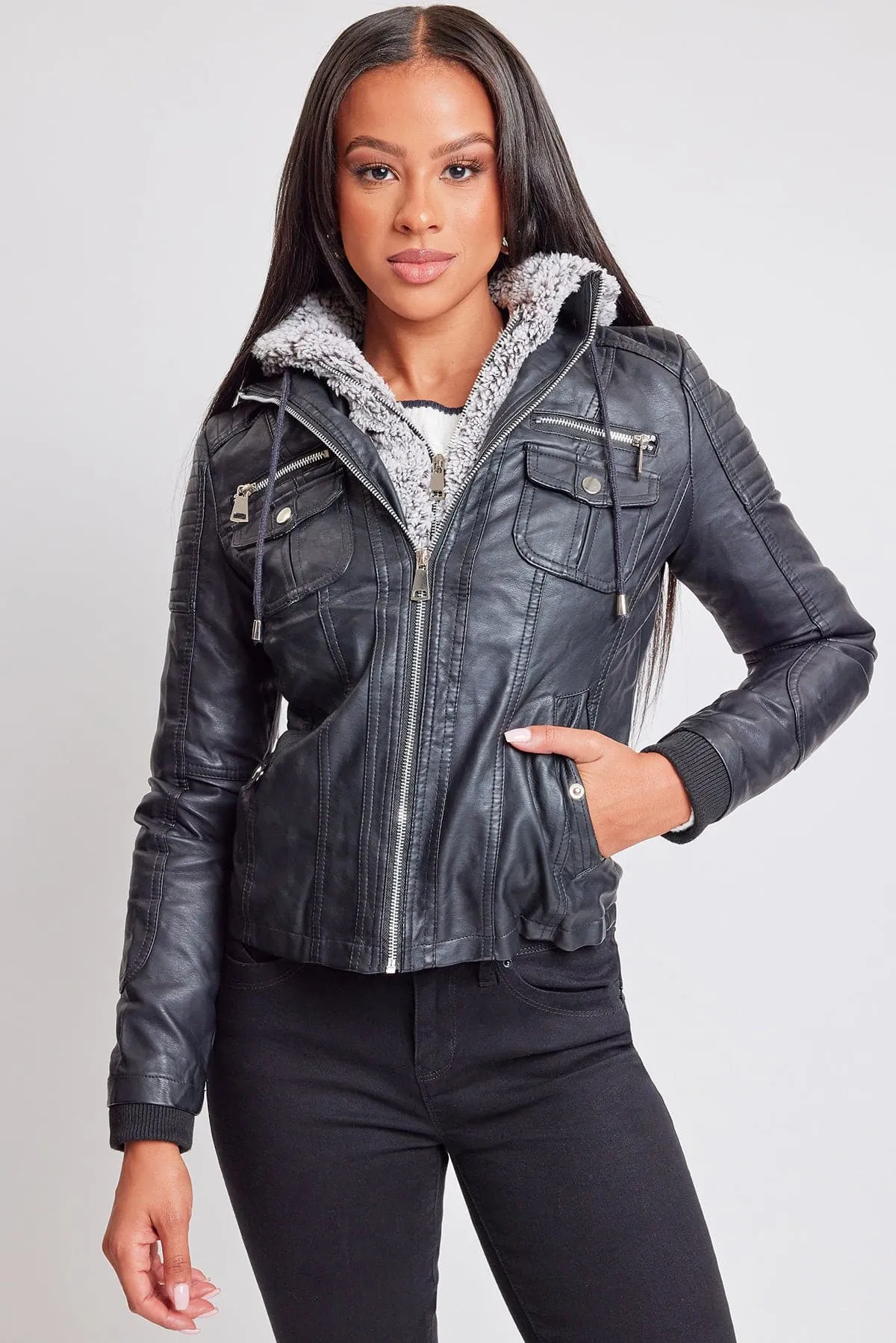Women's Winter Faux Leather Jacket with Sherpa Fur Hoodie sold by YMI product image thumbnail 2