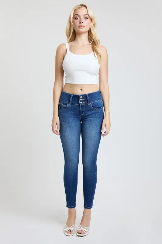Women's Luxe Mid Rise 3-Button WannaBettaButt Skinny Jeans sold by YMI