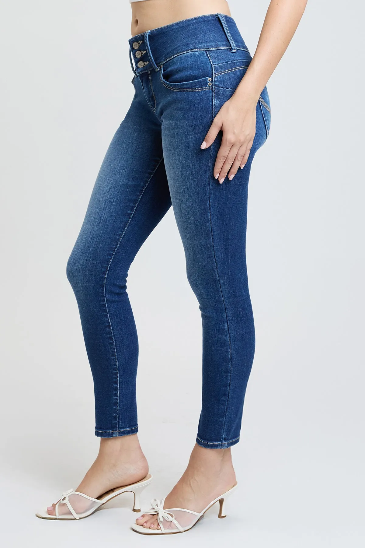 Women's Luxe Mid Rise 3-Button WannaBettaButt Skinny Jeans sold by YMI product image thumbnail 4
