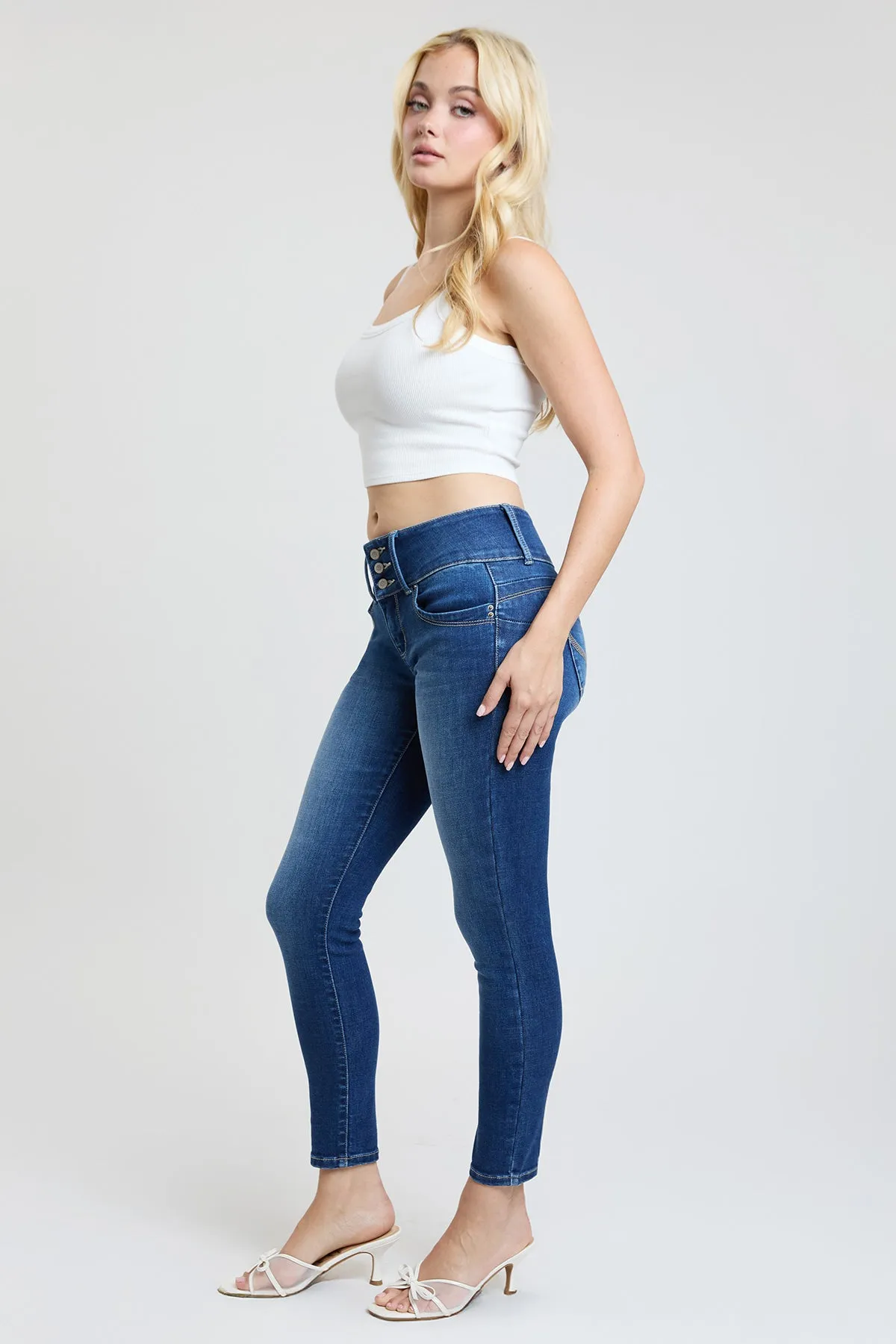 Women's Luxe Mid Rise 3-Button WannaBettaButt Skinny Jeans sold by YMI product image thumbnail 2