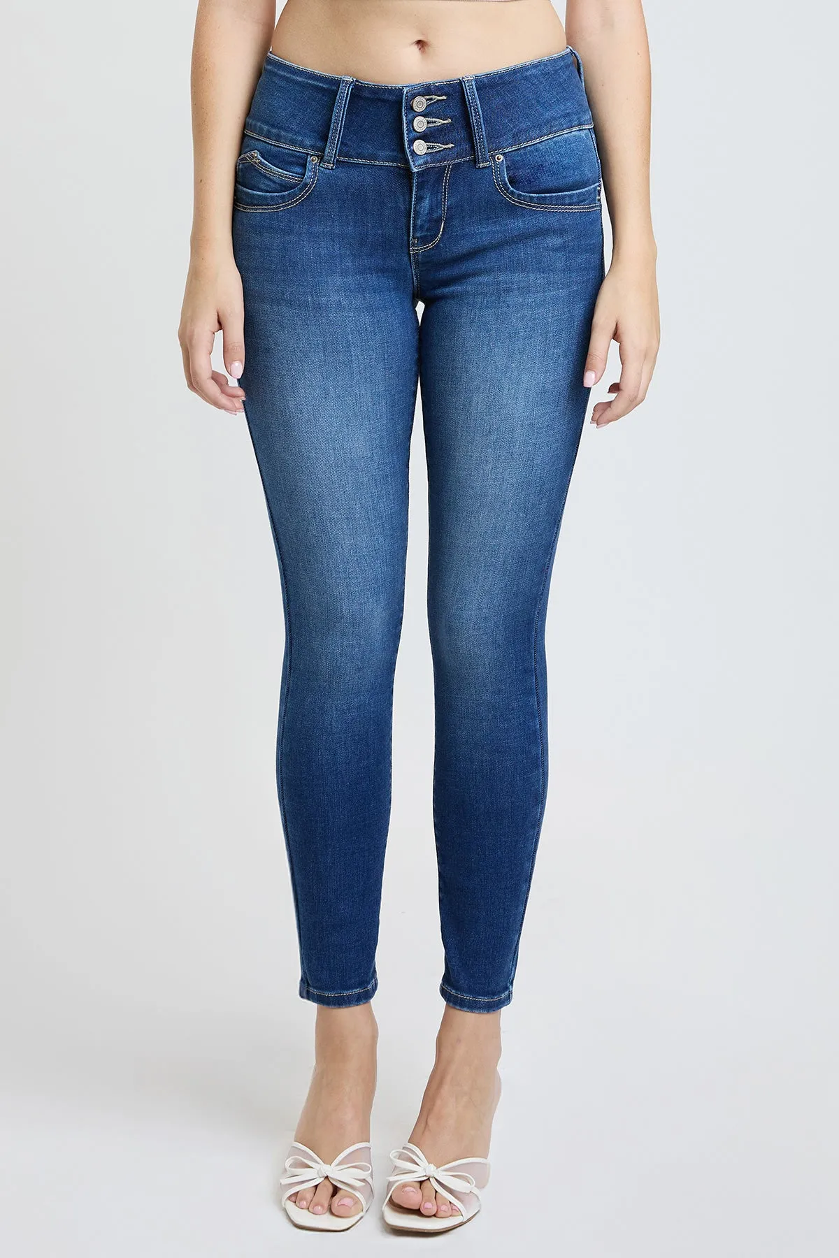 Women's Luxe Mid Rise 3-Button WannaBettaButt Skinny Jeans sold by YMI product image thumbnail 3