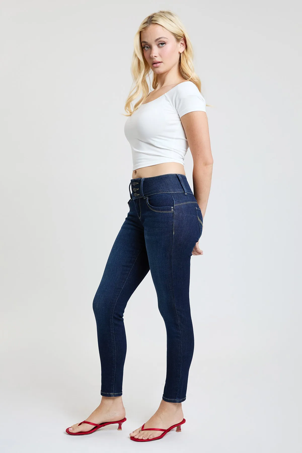 Women's Luxe Mid Rise 3-Button WannaBettaButt Skinny Jeans sold by YMI product image thumbnail 2