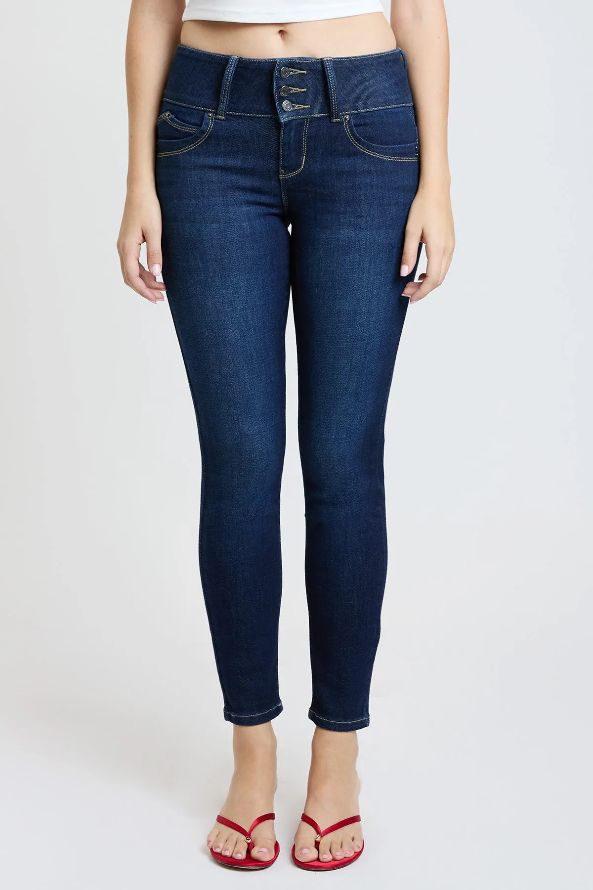Women's Luxe Mid Rise 3-Button WannaBettaButt Skinny Jeans sold by YMI product image thumbnail 3