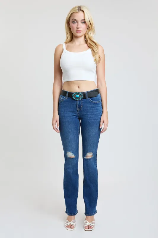 Women's Mid Rise Belted Bootcut Jeans sold by YMI