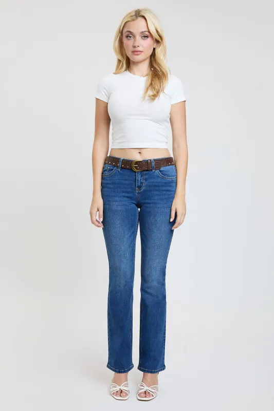 Women's Mid Rise Belted Bootcut Jeans sold by YMI