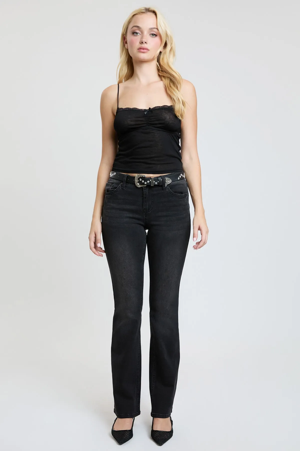 Women's Mid Rise Belted Bootcut Jeans sold by YMI